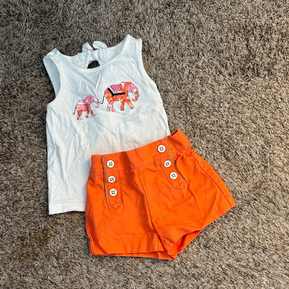 Janie and Jack White Elephant Tank Top and Orange Button Shorts Set